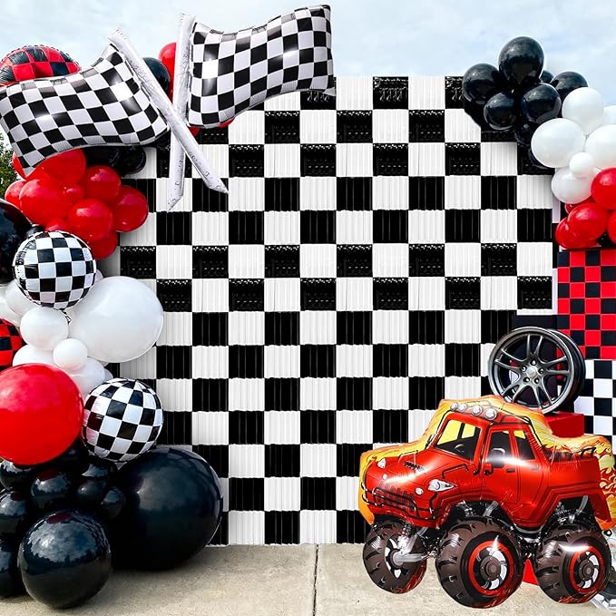 2 Packs Race Car Foil Fringe Curtain, Black White Checkered Glitter Metallic Tinsel Backdrop for Birthday, Baby Shower, Racing Car Truck One Happy Dude Party Decorations Supplies