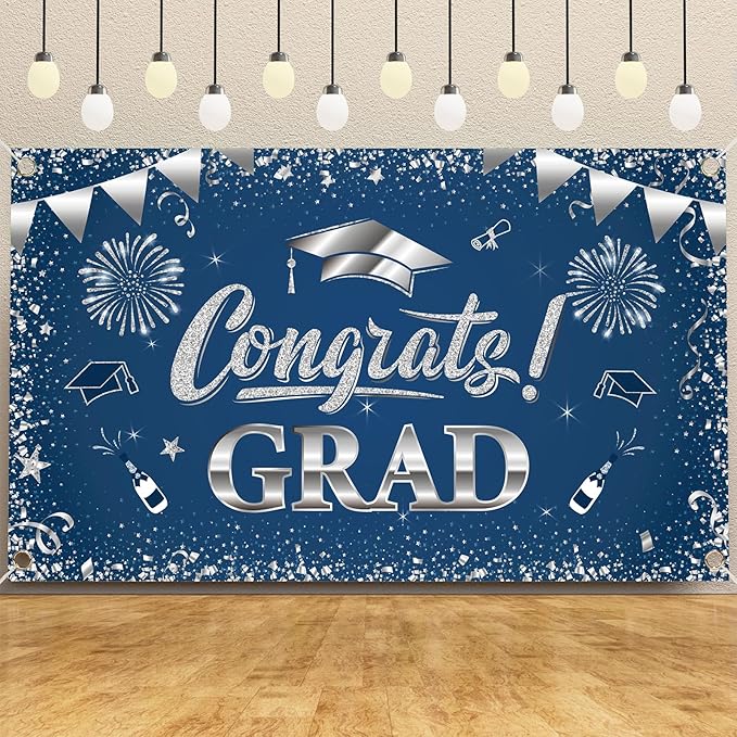 Ecomore 2026 Graduation Decorations - 245 PCS Grad Disposable Dinnerware(Serve 25) & Graduation Party Supplies With Congrats Paper Plate Cup Napkin Tablecloth Backdrop Balloon Kit - Navy Blue Sliver