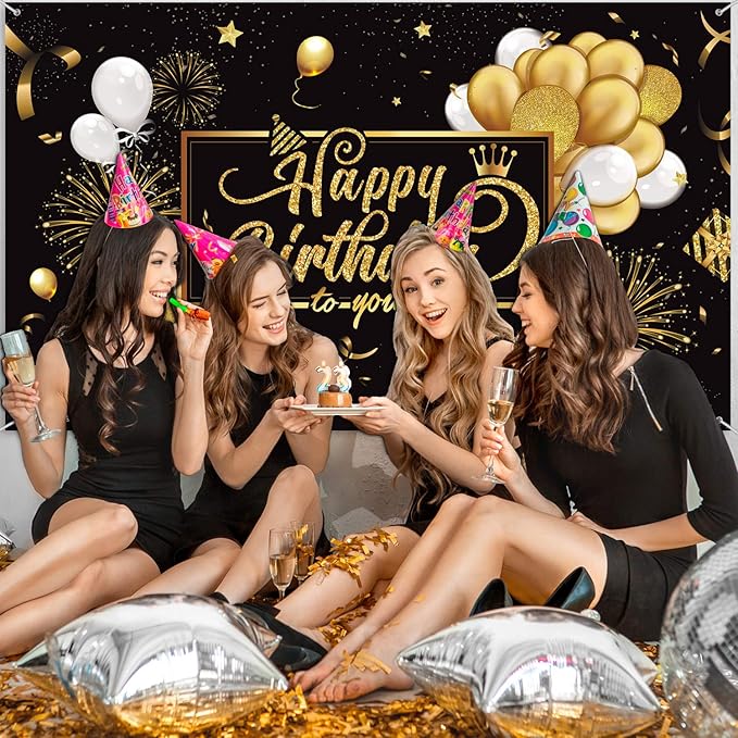 Blulu Happy Birthday Banner Sign Poster Large Fabric Glitter Balloon Fireworks Sign Photo Backdrop Background for Birthday Decoration Supplies, 72.8 x 43.3in (Black and Gold)