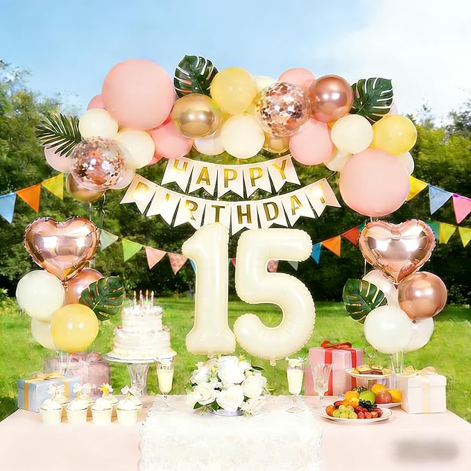 15th Birthday Decorations for Girl, Quinceanera Mis Quince Party Supplies, Retro Sand White Balloon Garland Kit, Cream Number 15 Balloon, Pink Happy Birthday Banner