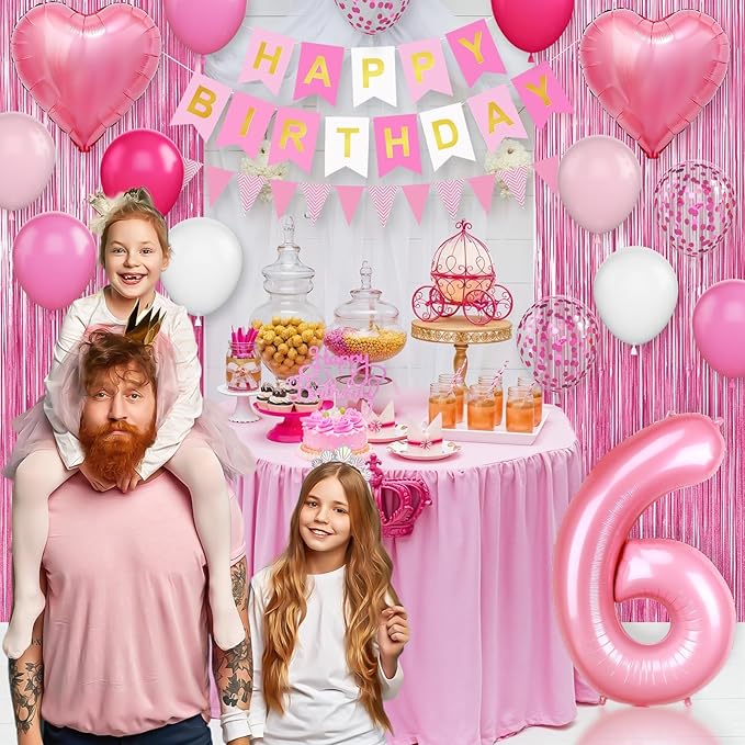 6th Birthday Decorations for Girls: Hot Pink Balloons, Happy Birthday Banner, Fringe Curtain, Cake Topper, Heart Foil Balloons