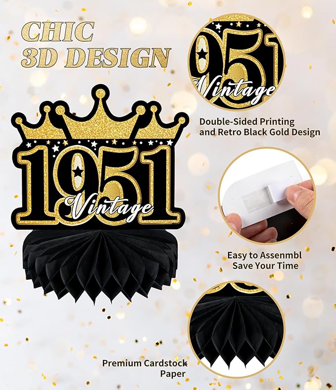 9 Pcs 75th Birthday Decoration 75 Birthday Party Decorations for Men Women 75 Years Birthday Tables Decorations Cheers to 1950 Centerpieces Honeycomb Black and Gold 75th Birthday Party Favors