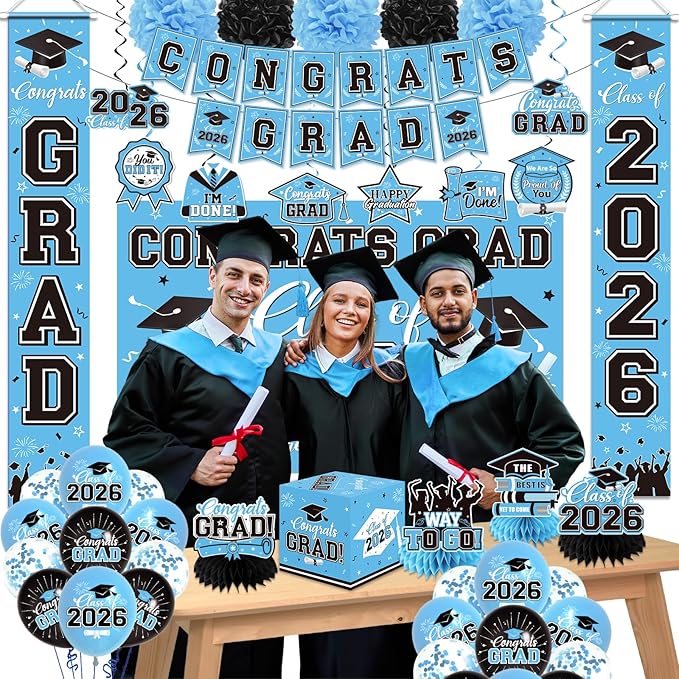 Graduation Decorations 2026 Light Blue Party Decor Set with Congrats Grad Banner, Class of 2026 Backdrop, Balloons, Box & Streamers Supplies for High School & College Celebrations