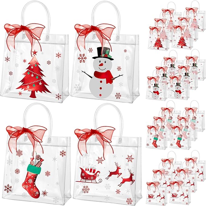 Henoyso 24 Pcs Christmas Clear Gift Bags Plastic Candy Treat Goodie Bags Red Foil Santa PVC Wrap Totes with Handles and Ribbon Xmas Party Favors (Red Christmas,7.8 x 7.8 x 3.1 Inch)