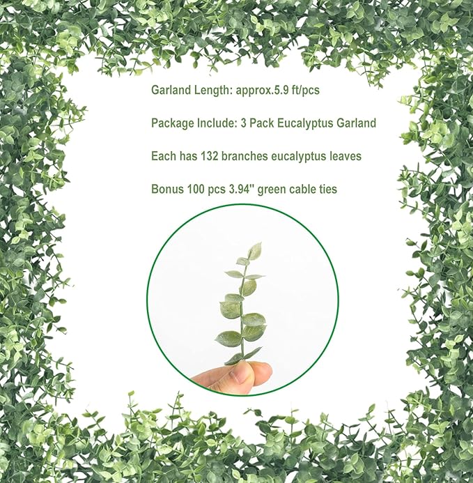 Leyaron 3 Pack Eucalyptus Garland Spring Artificial Greenery Garland 17.7 Ft Fake Vines Hanging Plants Faux Wedding Backdrop Arch Wall Greenery Decor for Home Wedding Party Mantle Table Decor