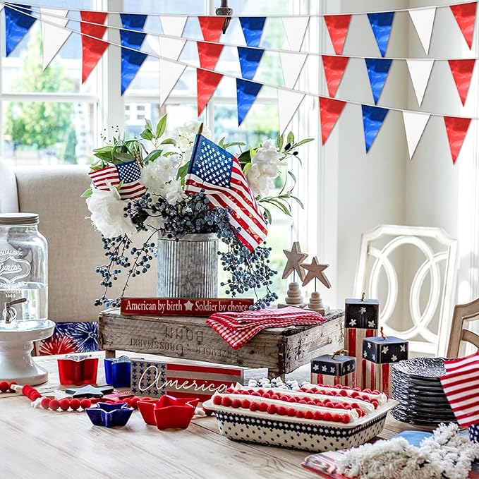 32.8FT White Blue Red Glitter Triangle Pennant Banner Flag Metallic Bunting Outdoor Garland for Christmas Graduation, Independence Day, 4th of july, Patriotic Themed Party Decoration