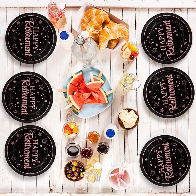 Wiooffen 48Pcs Retirement Paper Plates Party Supplies Happy Retirement Dessert Cake 7 inch Plates Tableware Set Pink and Black Retired Dinnerware for Woman Graduations Decorations Favors
