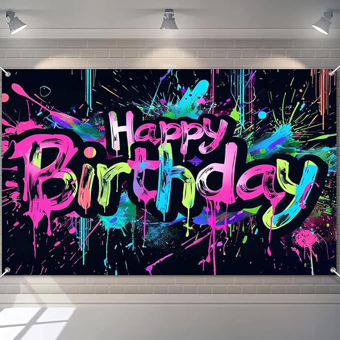 Neon Happy Birthday Banner 84x60 Inch Photography Backdrops Party Background Decorations Colorful Graffiti Splash Paint Kids Birthday Supplies Glow in The Dark
