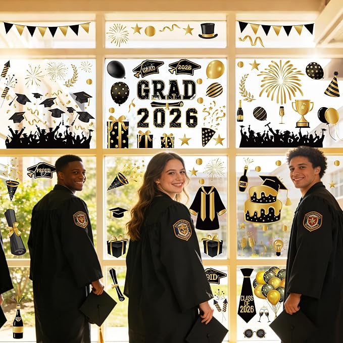 108 PCS Graduation Window Clings, 9 Sheets Black Gold Graduation Decorations, Double-Sided Congrats Grad Decorations for Windows with Caps Gowns Balloons, Grad Stickers for School Home Decor