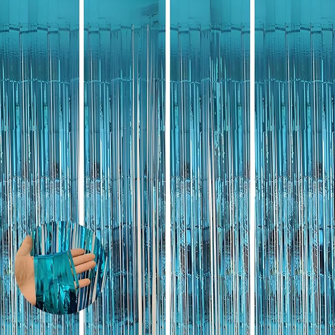 Valentines Day 4 Pack 3.3 * 8.3 ft Foil Curtain Metallic Tinsel Fringe Curtains Photo Booth Props Backdrop for Birthday Wedding Engagement Baby Shower Christmas Holiday Celebration Partyl,Light Blue