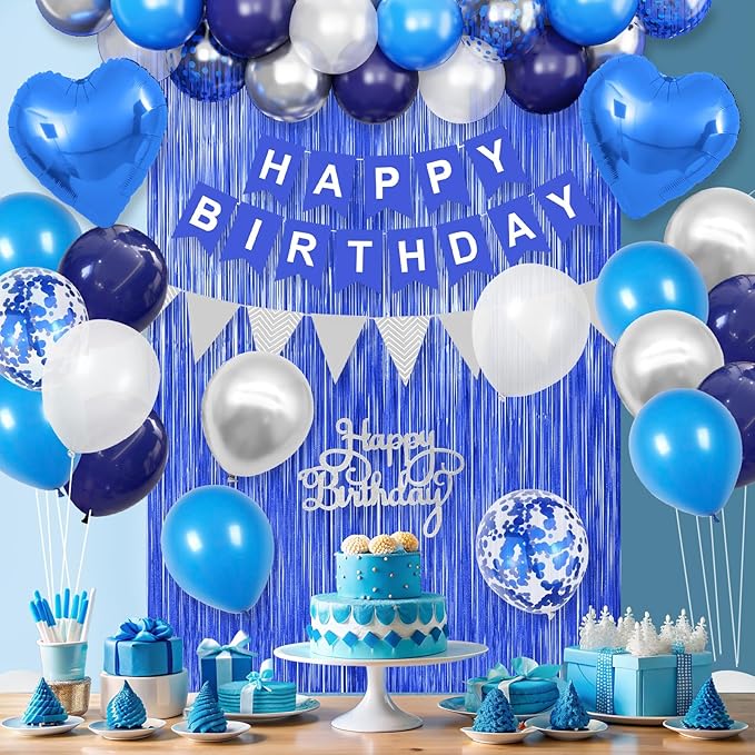 Blue Silver Birthday Decoration for Men,Navy Blue White Balloons Heart Foil Balloons Happy Birthdays Banner Fringe Curtain for Birthday Party Decorations
