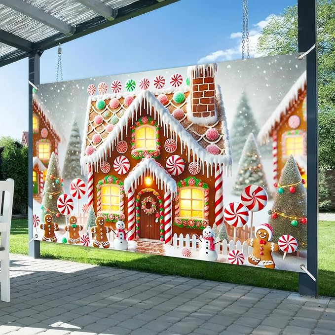 Christmas Banner Gingerbread House Peppermint Candy Cane Snowman Holiday Winter Wonderland Party Wall Decor Backdrop for Home Indoor Outdoor Photo Prop 71 X 43 Inches Large Banner