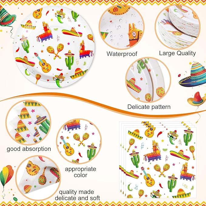 Ceenna 452 Pcs Mexican Party Supplies for 50 Guests, Fiesta Plates Napkins Cups Tablecloth Cutlery Straw Tableware for Cinco De Mayo Birthday Taco Party Decorations