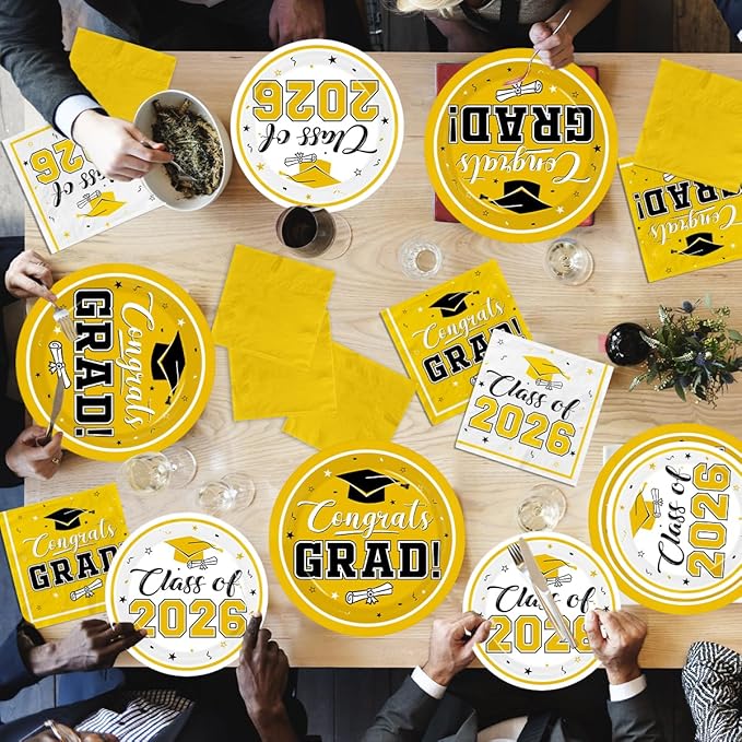 Graduation Party Plates and Napkins Yellow Class of 2026 Grad Congrats Party Supplies Disposable Dessert Paper Plates Cocktail Napkins forGraduation Party Decorations,Serve 50