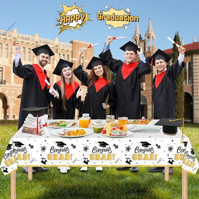 2 Pack White Graduation Tablecloth - Congrats Grad Table Cloths, Plastic Disposable Rectangle Class of 2026 Table Cover for Graduation Tables Decorations Party Decor Supplies Favors,108 x 54 Inch