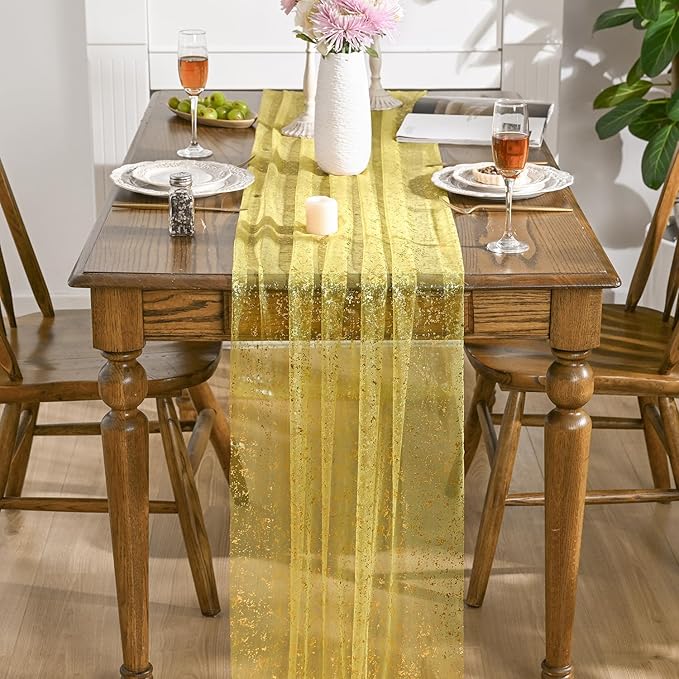 Artoid Mode 3PCS Light Yellow Gold Gauze Table Runner 120 Inch 10FT, Glitter Metallic Foil Sheer Dining Wedding Anniversary Holiday Birthday Table Decor for Home Party
