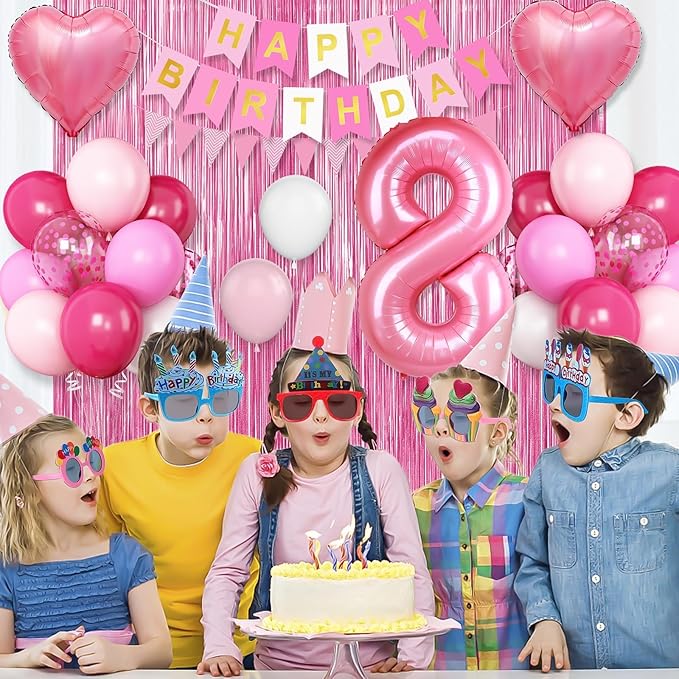8th Birthday Decorations for Girls: Hot Pink Balloons, Happy Birthday Banner, Fringe Curtain, Cake Topper, Heart Balloons