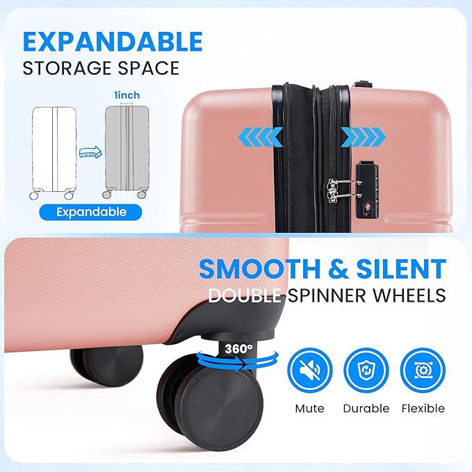Simple Deluxe 24 Inch Expandable Hardside Carry On with Spinner Wheels & TSA Lock, ABS Hard Shell Lightweight Rolling Luggage Suitcase, Pink
