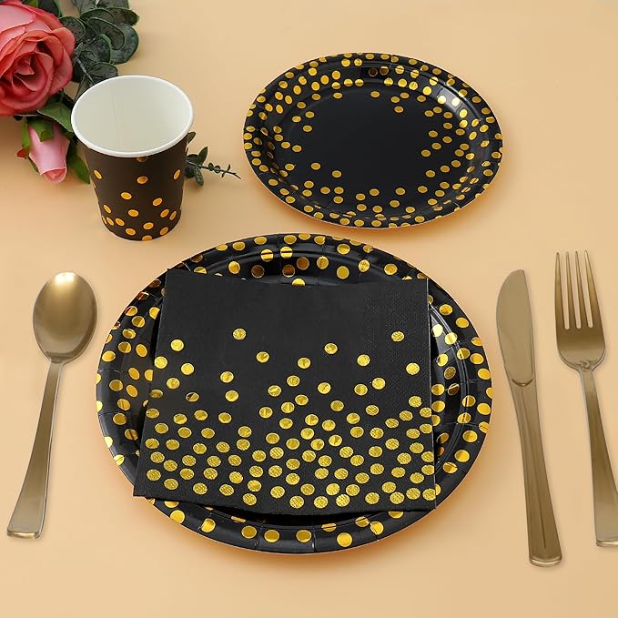 175 Pcs Black and Gold Party Supplies, Serves 25 Black Gold Foil Dot Disposable Dinner Tableware Set Gold Plastic Forks Spoons Knives Plates Napkins Cups Party Supplies for Birthday Wedding Graduation