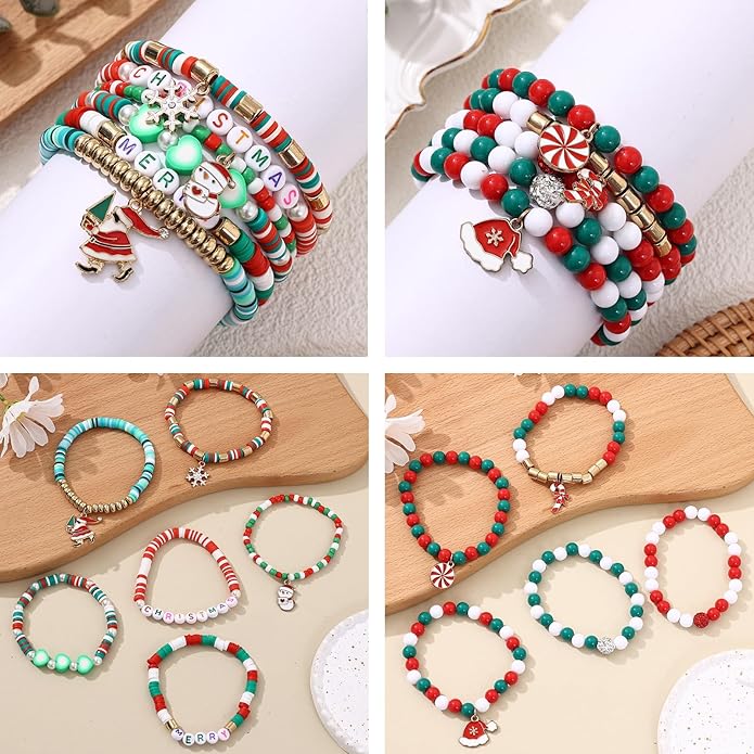 Cooluckday 36 Pcs Holiday Heishi Surfer Bracelets for Women Bulk Easter Mother's Day Christmas St. Patrick's Day Mardi Gras Bracelet Stackable Stretch Friendship Bracelets Set