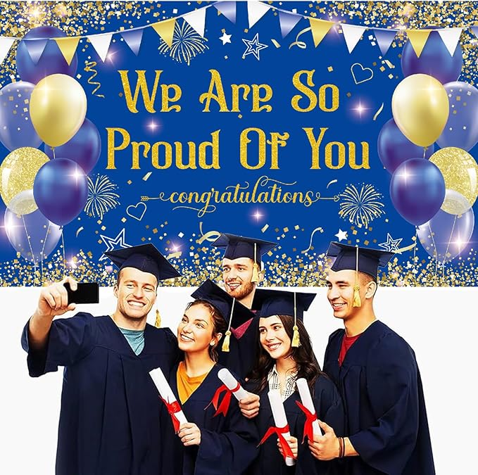 Blue Gold Congratulations We are So Proud of You Backdrop Banner Photography Background Hanging Party Supplies for Graduation Party Decorations Class of 2026 72.8 * 43.3in