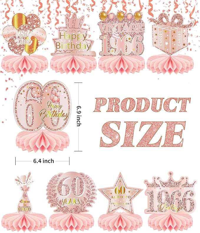9 Pcs 60th Birthday Decoration for Women Happy 60th Birthday Table Honeycomb Decorations Rose Gold Pink Centerpieces Tables Toppers1965 Decor Cheers to 60 Years Old Birthday Party Favors