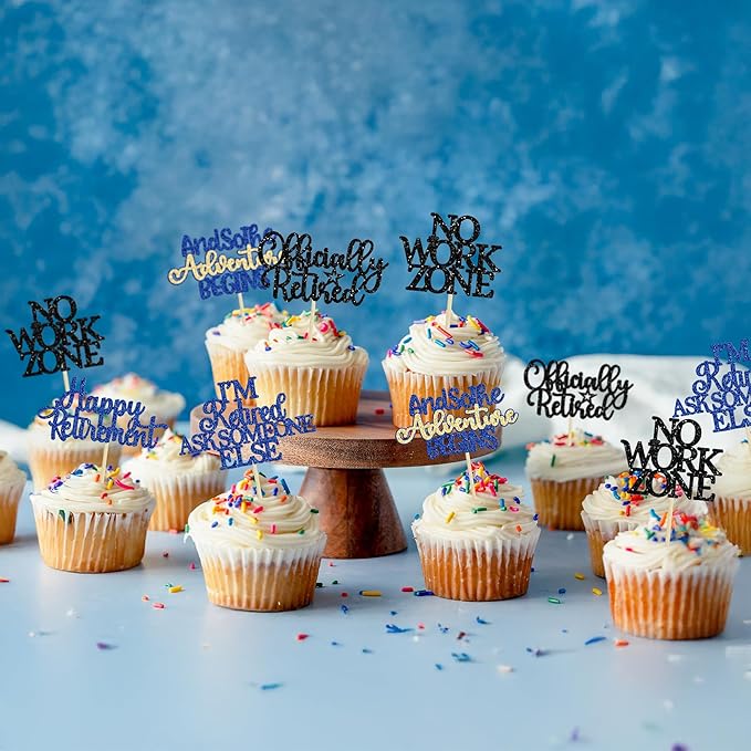 Gyufise 30Pcs Happy Retirement Cupcake Toppers Officially Retired Cake Toppers No Work Zone Adventure Begins Cupcake Picks for Retirement Theme Farewell Birthday Party Decorations Supplies Blue Black