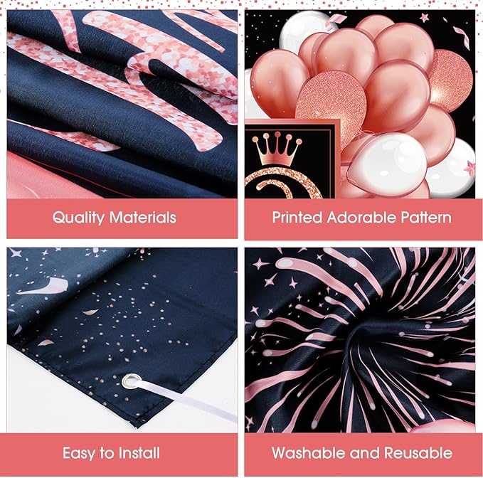 Blulu Happy Birthday Backdrop Banner Sign Poster Large Fabric Glitter Balloon Fireworks Sign Photo Backdrop Background for Birthday Party Decoration Supplies, 72.8 x 43.3in (Pink and Black)