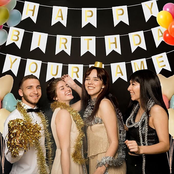Pre-Strung Happy Birthday Banner Custom Banner Kit with Name 68PCS DIY Letter Banners Personalized Banners for Party White Golden