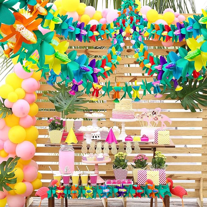 12Pcs Tropical Flower Garlands, Colorful Luau Flower Garlands, 118 Feet Length Paper Flowers Garland Decorations for Hawaiian Beach Party Birthday Baby Party Wedding