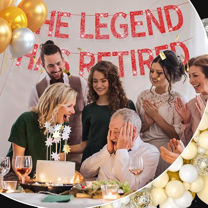 The Legend Has Retired Banner Red Glitter Pre Strung No DIY Retirement Banner Decorations for Men Women Retirement Party Supplies(Red)