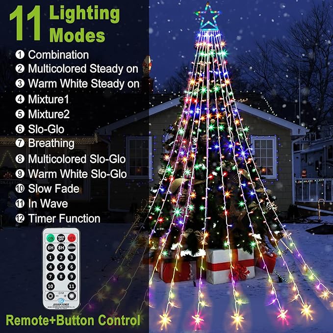 Christmas Decoration Lights, Outdoor Christmas String Lights 320 LED 11.5 Ft Waterfall Tree Light with Big Star Topper 8 Light Modes for Xmas New Year Holiday Garden Yard Indoor Outdoor Decor
