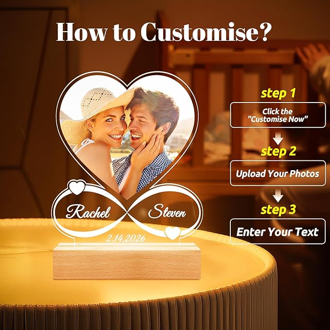 Custom Picture Frames with Photo, Custom Photo Frame with Night Light, Personalized Picture Frame, Personalized Anniversary Couple Gifts for Women Men Him Her Girlfriend Boyfriend Wife