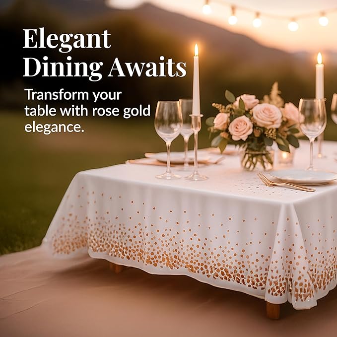 Prestee Rose Gold Plastic Rectangle Tablecloths Pack of 12-54" x 108" Disposable Table Cloths for Parties, Heavy-Duty Waterproof and Stain-Resistant Tablecloth for Thanksgiving, Weddings, Holidays