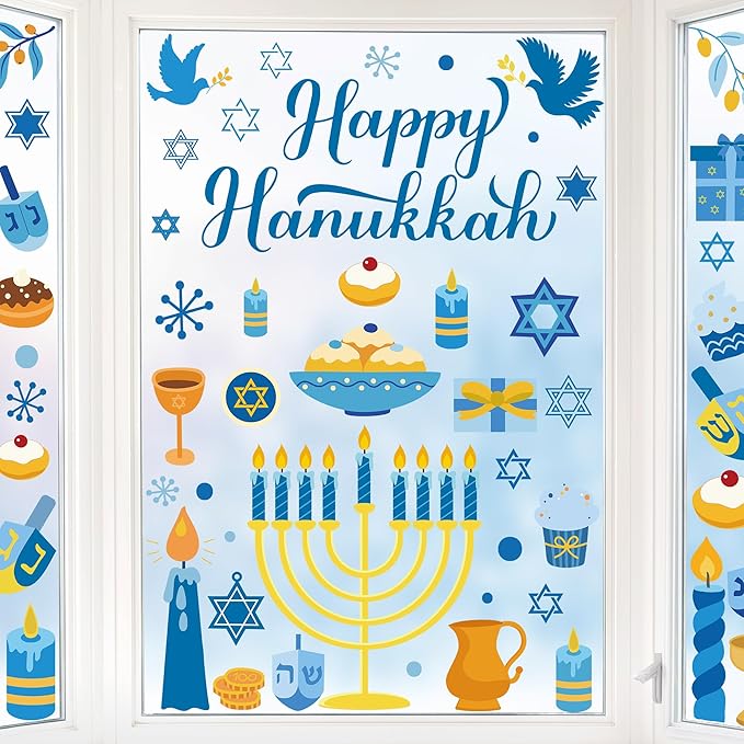 152PCS Hanukkah Window Clings, Happy Hanukkah Party Decorations, Blue Gold Menorah Star Window Decals Party Stickers for Home Class Jewish Decorations Supplies Accessories