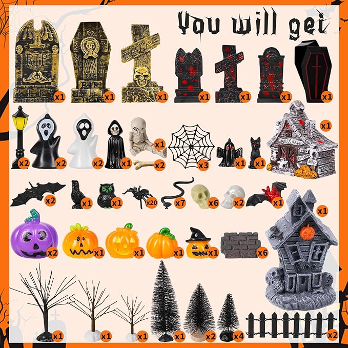 88 PCS Halloween Village Accessories Set Halloween Haunted Houses Village Miniatures Ornaments with Pumpkins Ghost Tombstones Tree Fake Spiders Fence Streetlamp Figurines for Party Home Table Decor