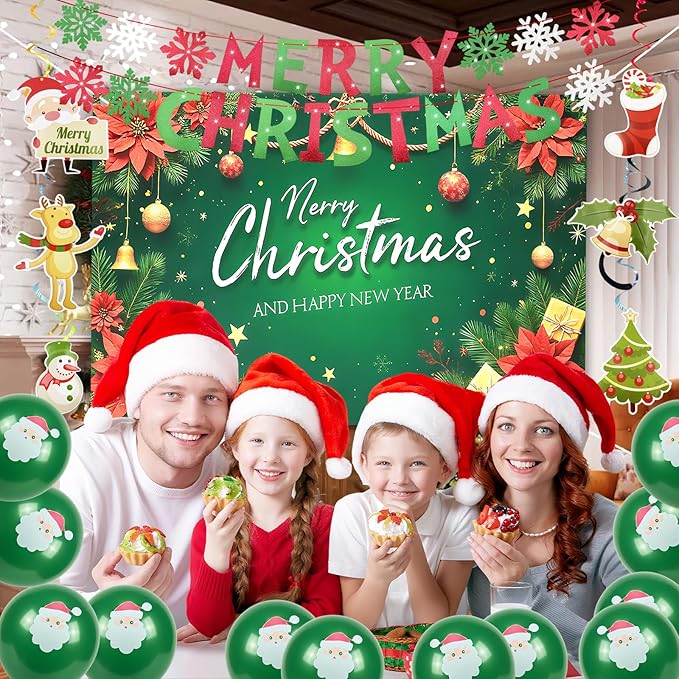 Christmas Party Decoration Set, 44PCS Merry Christmas Birthday Party Supplies with Backdrop Banner,Merry Christmas Banner with Red Green Swirls,Hanging Decor for Holiday Home Indoor Party (Christmas 2)