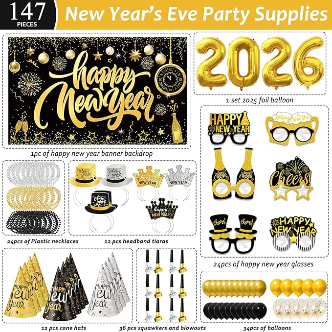 147 Pcs New Year Eve Party Supplies 2026 Black Gold Happy New Year Backdrop Party Decoration Serve 24 Guests Cone Hats Glasses Balloons Number 2026 Headband Tiaras Squawkers Necklace Party Favor
