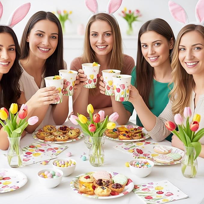 Havawish 350 Pcs Spring Floral Party Supplies Tulip Disposable Tableware Set Wild Flowers Butterflies Oval Paper Plates Cups Napkins Fork Knife Spoon Dinnerware for 50 Guests Spring Table Decorations