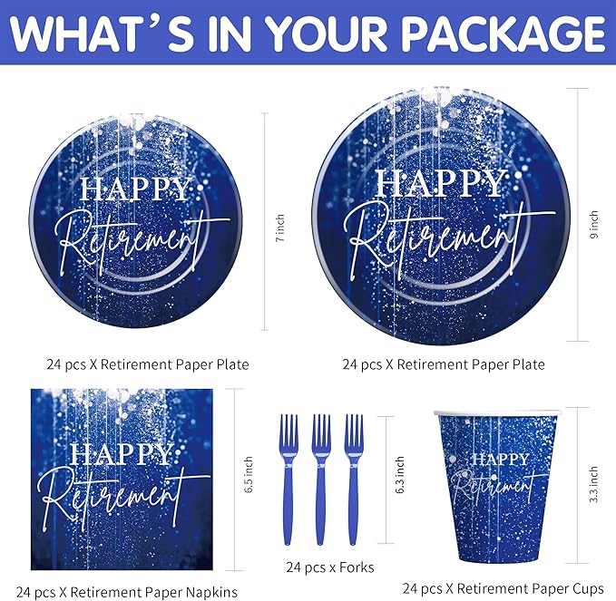Blue Retirement Party Decorations Tableware For Women Men, Disposable Happy Retirement Party Supplies, Paper Plate, Cup, Napkin, Fork, Serve 24