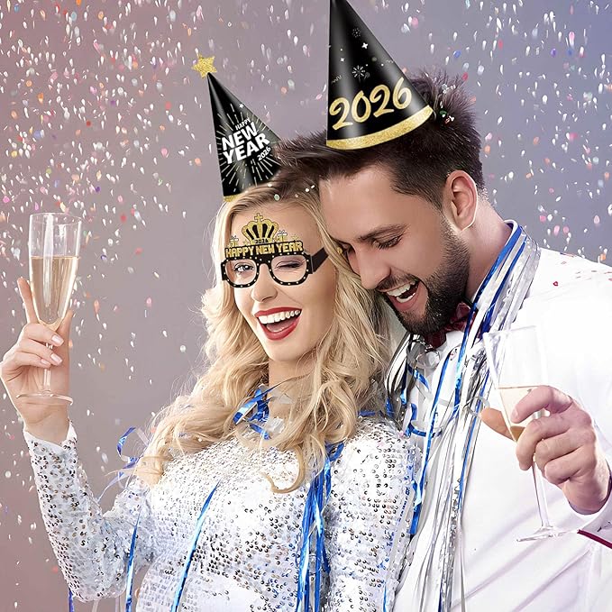 Happy New Year Party Decorations Supplies 2026- Hats, Banner, Glasses, Foil Balloon and Fringe Curtains, New Years Eve Black and Gold Party Decorations