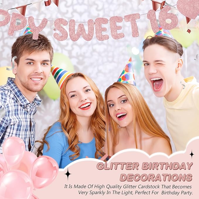 Fulmoon Pre Strung Happy Sweet 16 Banner Glitter Sixteenth Birthday Party Decorations 16th Party Sign Sweet 16 Party Decorations for Birthday Party Bachelorette Party(Rose Gold)