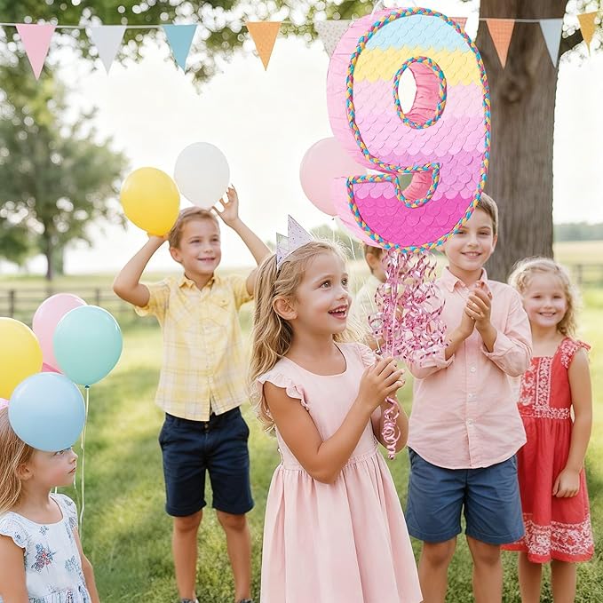 WERNNSAI Number 9 Piñata – Pink 9th Birthday Party Decorations Rainbow Ombre Nine Piñata for kids girls with Blindfold and Stick for 9 Year Birthday Supplies Princess Anniversary Decoration