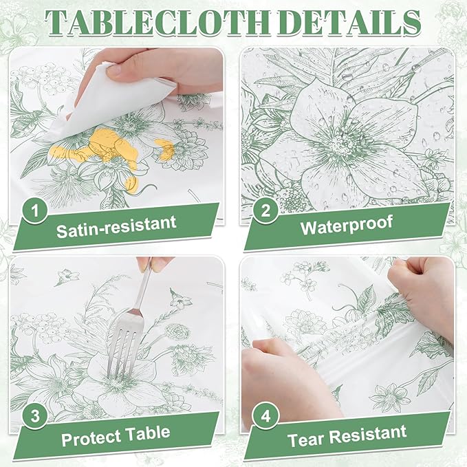 3 Pack Sage Green Floral Plastic Tablecloths, 54 X 108Inch Tea Party Tablecloth Disposable Table Cloths Green and White Porcelain Tables Decor for Mother's Day Birthday Garden Wedding Tea Party