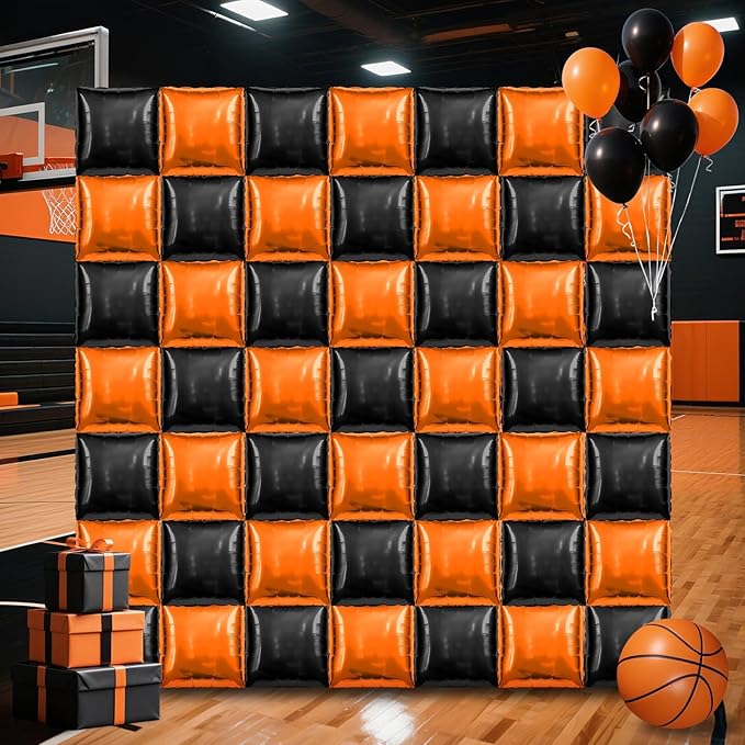 50 PCS Black and Orange Square Foil Balloons Wall Backdrop 19 inch Reusable Mylar Balloons Tunnel Garland Arch Kit for Halloween Party Basketball Retirement Birthday Graduation Decoration
