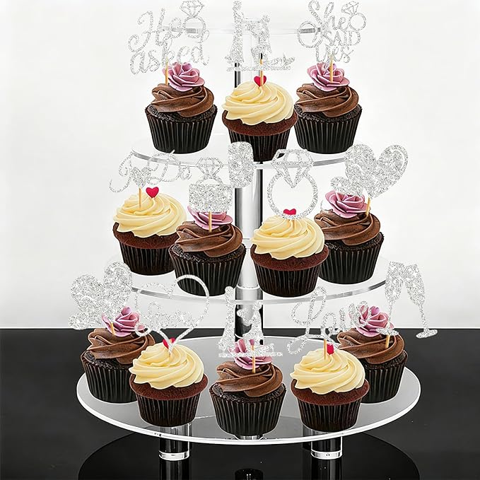 60 Pcs He Asked She Said Yes Cupcake Toppers,Engagement Cupcake Toppers Glitter Diamond Ring Heart Love I Do Cupcake Picks for Engagement Wedding Party Cake Decorations,Silver
