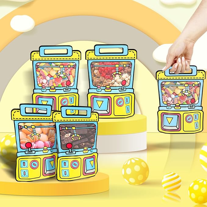 EONSUI 30PCS Plastic Claw Machine Shaped Goodies Bags with Handles for Kids Birthday, Back to School Supplies, Baby Shower, Party, Wedding, Reusable Bulk Gift Wrapper for Candy, Snacks, Chocolate