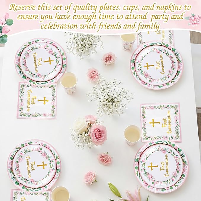 Pickmesh 250 Pcs Pink First Holy Communion Disposable Tableware Set God Bless Baptism Disposable Paper Plates Napkins and Cups for Girls Christening Celebration Baby Shower Religious Supplies Serve 50