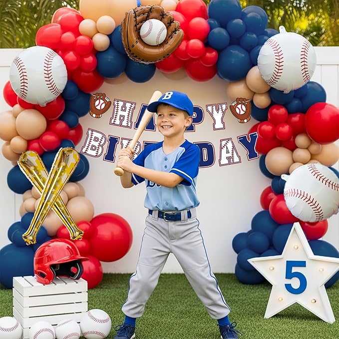 Baseball Birthday Party Decorations Navy Blue Red Nude Balloon Arch With Baseball Bat & Glove Balloons and Happy Birthday Banner For Sports Rookie year 1st birthday Baby Shower Supplies Decoration