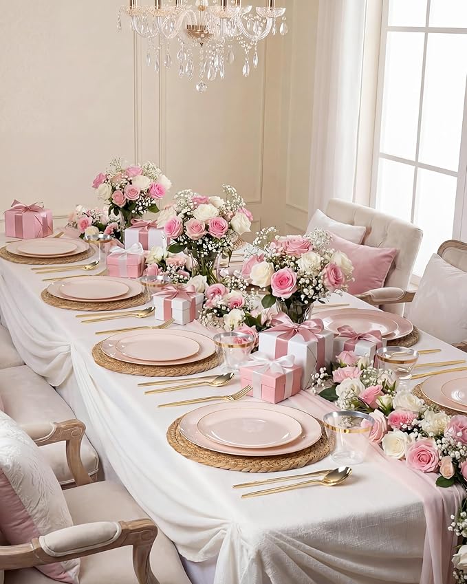 bUCLA 150PCS Pink Plastic Plates - Pink and Gold Disposable Include 25 Each (Dinner & Dessert) Plates, 25 Knives, 25 Forks, 25 Spoons and 25 Cups, Ideal for Party, Wedding & Easter